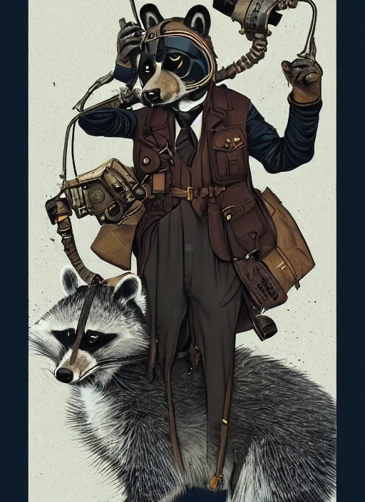 Image similar to a dieselpunk character digital illustration of an anthropomorphic raccoon entertainer, by victo ngai, by stephen gammell, by george ault, by jack gaughan, artstation