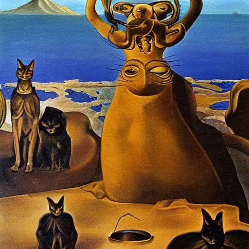 Prompt: dali oil painting of bastet with multiple arms, over a sea of sulphur