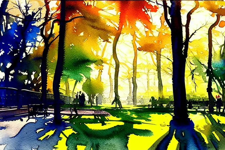 Image similar to small centered on watercolor paper, paint brush strokes, abstract watercolor painting of city park, daylight, shadows, foliage, sunlight, translucent leaves, cinematic light, national romanticism by hans dahl, by jesper ejsing, by anders zorn, by greg rutkowski, by greg manchess, by tyler edlin