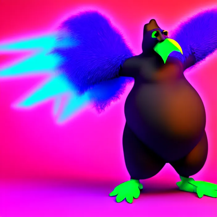 Image similar to 3 d render of a fat anthropomorphic raven fursona dancing at a rave, psychedelic, furry, cute, vivid saturation, octane render