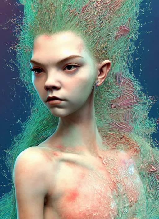 Image similar to hyper detailed 3d render like a Oil painting - very coherent Concrete displacement mapped profile subsurface scattering (a beautiful fae princess protective playful expressive from dark crystal that looks like Anya Taylor-Joy) seen red carpet photoshoot in UVIVF posing in caustic light pattern pool of water to Eat of the Strangling network of yellowcake aerochrome and milky Fruit and His delicate Hands hold of gossamer polyp blossoms bring iridescent fungal flowers whose spores black the foolish stars by Jacek Yerka, Ilya Kuvshinov, Mariusz Lewandowski, Houdini algorithmic generative render, golen ratio, Abstract brush strokes, Masterpiece, Victor Nizovtsev and James Gilleard, Zdzislaw Beksinski, Tom Whalen, Mark Ryden, Wolfgang Lettl, hints of Yayoi Kasuma and Dr. Seuss, Grant Wood, octane render, 8k