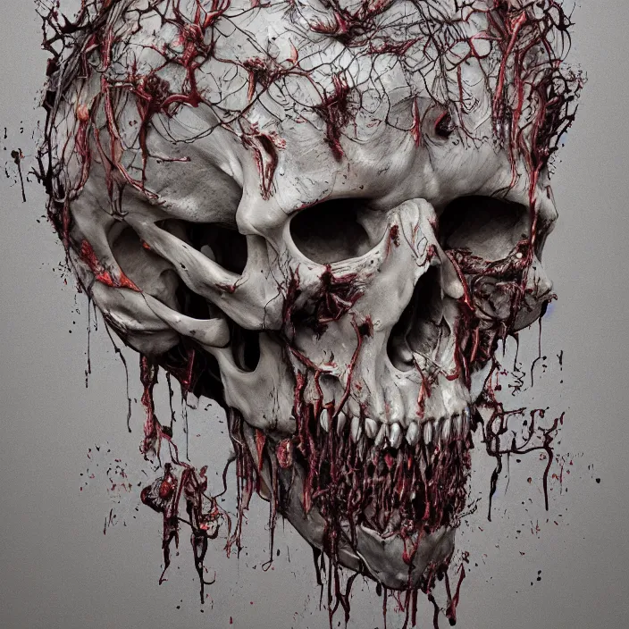 Image similar to portrait of a melting skull. razor sharp teeth. infected with zombie fungus. intricate abstract. intricate artwork. nightmare fuel. by Tooth Wu, wlop, beeple, dan mumford. octane render, trending on artstation, greg rutkowski very coherent symmetrical artwork. cinematic, hyper realism, high detail, octane render, 8k, iridescent accents