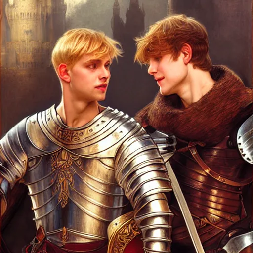 Image similar to attractive arthur pendragon and his favourite attractive male knight, they are in love, camelot, natural lighting, path traced, highly detailed, high quality, digital painting, by gaston bussiere and ross tran and j. c. leyendecker and alphonse mucha