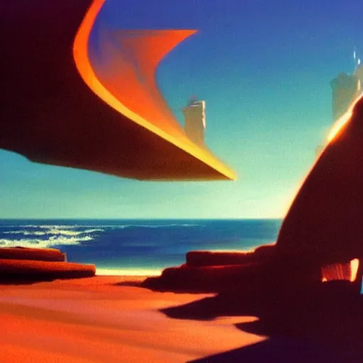 Prompt: golden shores of a blue dreamy ocean, sci - fi, daylight, blue sky, cinematic lighting, cinematic perspective, syd mead, john harris