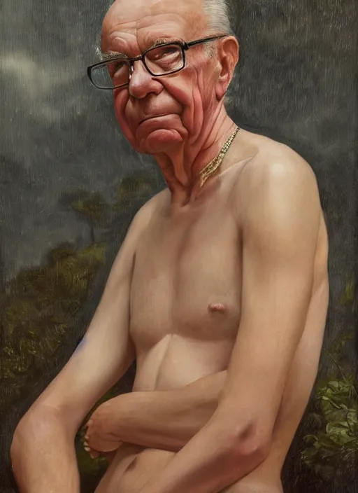 Image similar to highly detailed oil painting of rupert murdoch wearing a bikini | very intricate | cinematic lighting | award - winning | watermelon kimono fashion by alexander mcqueen | by roberto ferri, by tom bagshaw, by j. c. leyendecker and klimt, american romanticism, by austin osman spare, artstation, cgsociety, official art, octane