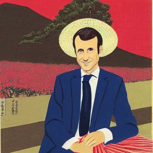 Image similar to a portrait of emmanuel macron wearing a straw hat in a scenic environment, traditional japanese art