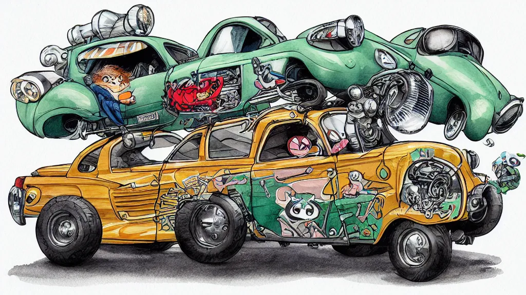 Image similar to cute and funny, racoon riding in a tiny hot rod coupe with oversized engine, ratfink style by ed roth, centered award winning watercolor pen illustration, hyperdetailed isometric illustration by chihiro iwasaki, edited by range murata