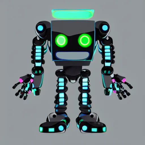 Prompt: [Robot(ian) { eyes(cute huge + luminous + glowing), view(full body + zoomed out), background(solid) }]