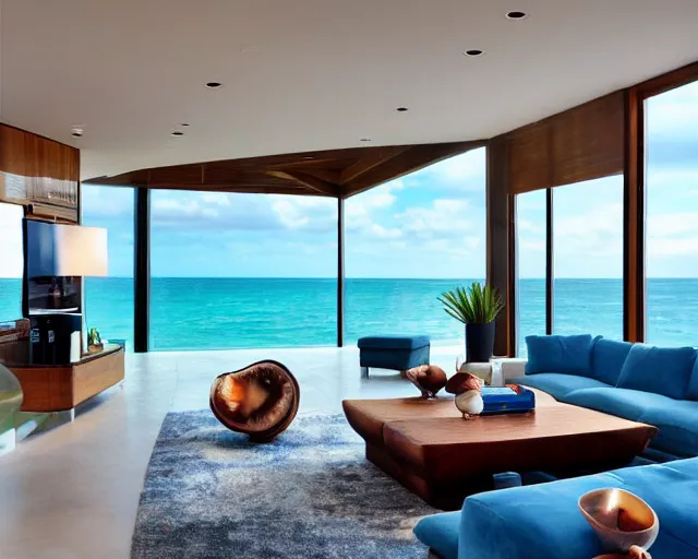 Image similar to A modern living room inspired by the ocean, a luxurious wooden coffee table with large seashells on it, 100 inch television, amazing detail, 8k resolution, blue color, calm, relaxed style, harmony, wide angle shot