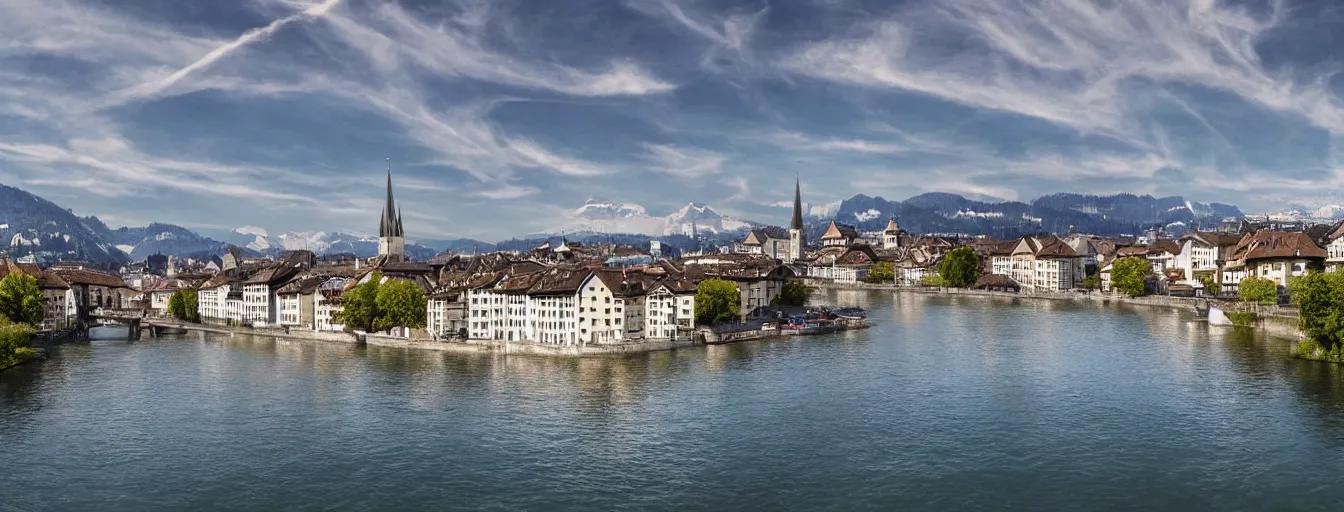 Image similar to Digital painting of Zurich, looking down the Limmat and the lake and the alps, wide angle, volumetric light, hyperdetailed, light blue water, artstation, cgsociety, 8k