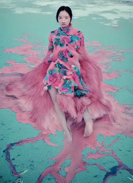 Image similar to lee jin - eun in luxurious flowery dress emerging from pink and turquoise water in salar de uyuni with the ground reflecting the aurora borealis by takato yamamoto, james jean, conrad roset, ruan jia, martine johanna, rule of thirds, elegant look, beautiful, chic, face anatomy, cute complexion