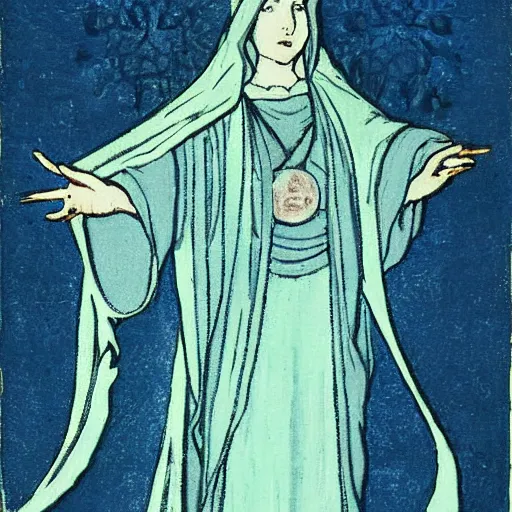 Image similar to a cloaked mage casting a magic spell from her hand toward an ice castle, art nouveau