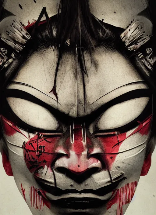 Image similar to dark samurai portrait, symmetrical face, hannya oni mask, after a battle, dirt and unclean, extreme detail, cinematic, dramatic lighting render, by sandra chevrier, masterpiece