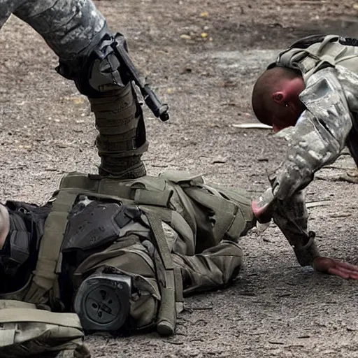 Image similar to Special Forces soldier in grey uniform with black body armor lies dying with a missing leg after stepping on a mine in 2022, photo by Adam Ferguson, Pulitzer Winning, cinematic composition, breathtaking, modern, 2022