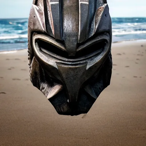 Image similar to high quality photo of The Predator Mask on the beach, realism, 8k, award winning photo