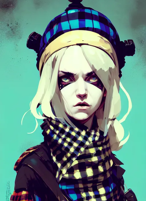 Image similar to highly detailed closeup portrait of a sewer punk female thief, tartan cloak, blonde hair with headband by atey ghailan, by greg rutkowski, by greg tocchini, by james gilleard, by joe fenton, by kaethe butcher, gradient, blue, black, brown and cream color scheme, grunge aesthetic!!! white graffiti tag wall background