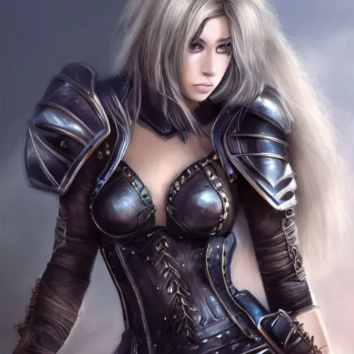 Image similar to a beautiful woman wearing leather armor, blonde, long hair, pixiv, hyperrealistic