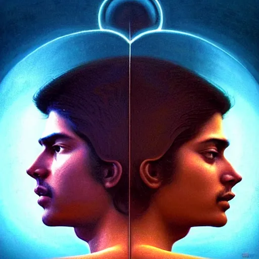 Image similar to perfectly - centered movie promotional poster - photograph of a young indian guy and a beautiful girl side profile faces symmetrical ; real life portrait by beksinski and jean delville, romantic theme, two lovers sharing one heart, unreal engine 5, photorealism, hd quality, 8 k resolution, cinema 4 d, hdr dramatic lighting ; symmetrical, cinematic, high coherence