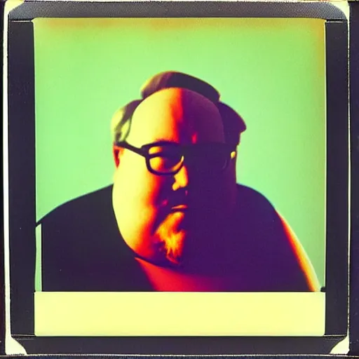 Image similar to color polaroid portrait of a fat man as taken by andy warhol. photography, instant photography, color accurate, photographer, film, integral print, studio. no marilyn monroe, no paint.