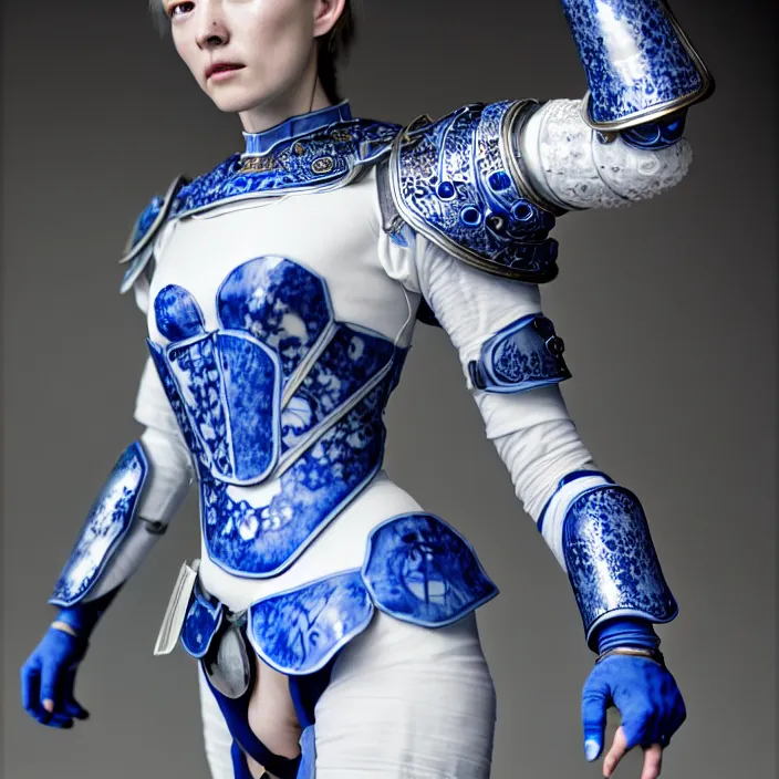 Image similar to porcelain cyborg armor, Chinese Blue and white porcelain 14th century, diffuse lighting, fantasy, intricate, elegant, highly detailed, lifelike, photorealistic, digital painting, artstation, illustration, concept art, smooth, sharp focus, art by John Collier and Albert Aublet and Krenz Cushart and Artem Demura and Alphonse Mucha