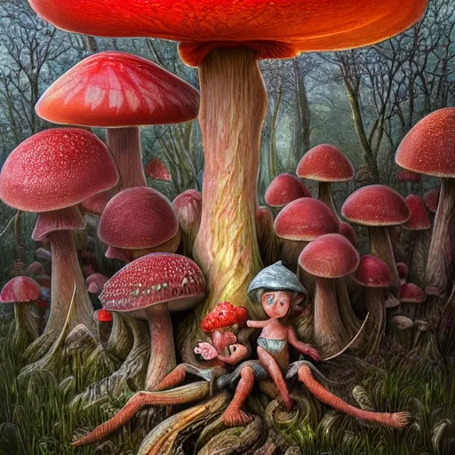 Image similar to Close up hyper detailed fantasy mushroom elf elves in the forest digital art, 4k, artstation deviantart concept art studio lighting by jacek yerka, alex gray, zdzisław beksiński, dariusz zawadzki, jeffrey smith and h.r. giger, oil on canvas, 8k highly professionally detailed, trending on artstation