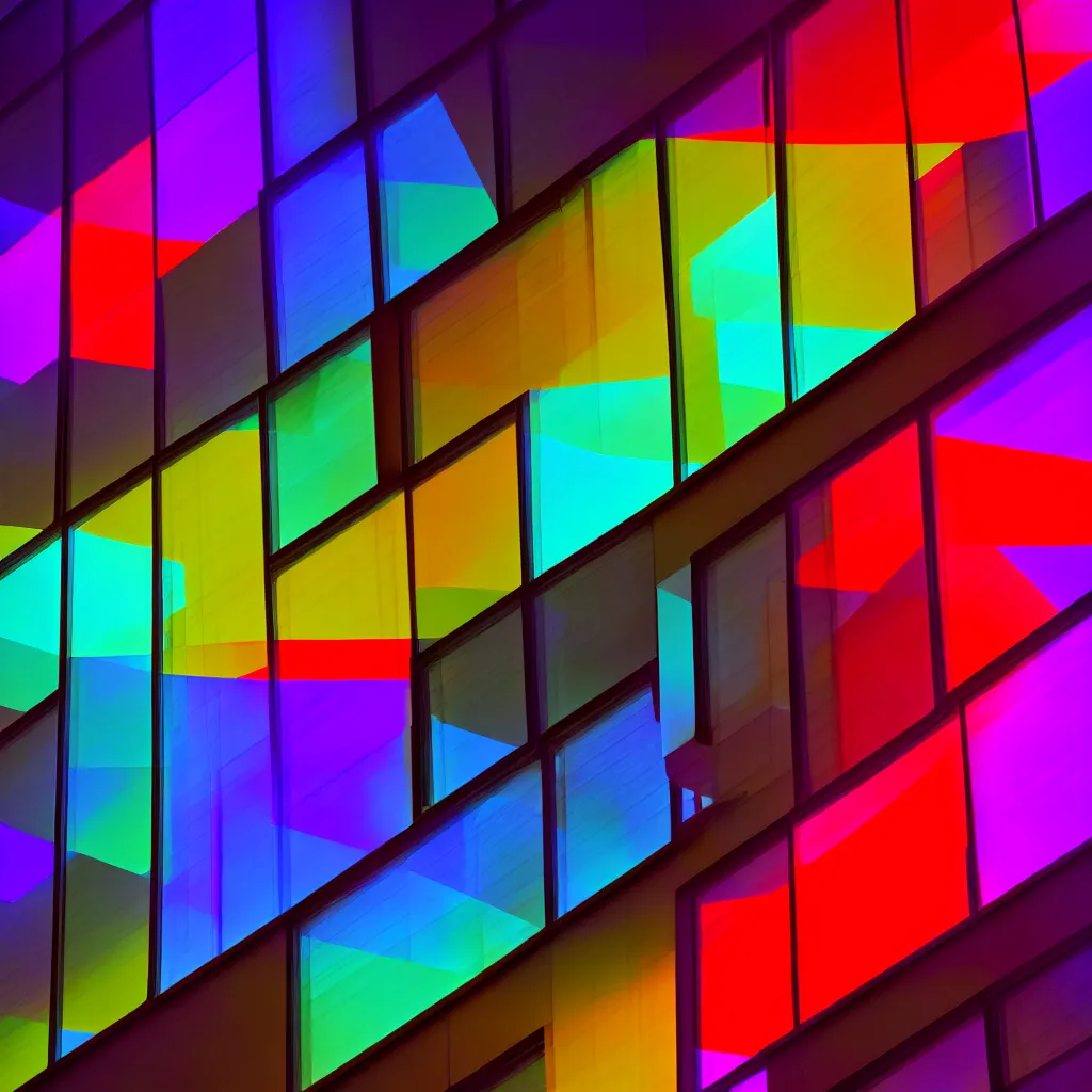 Prompt: photograph of intersecting windows of various colors at night, dream-like, trending on unsplash, volumetric lighting