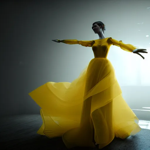 Image similar to woman in yellow organza dress dancing, ultra realistic, concept art, intricate details, dark vibe, highly detailed, photorealistic, octane render, 8 k, unreal engine,