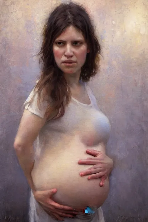 Prompt: pregnant woman in t-shirt by Alyssa Monks, Gaston Bussiere. full-shot, urban dystopia, hyper realism, realistic proportions, dramatic lighting, high detail 4k