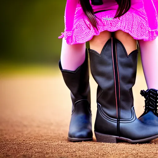 Image similar to young girl with dark hair, two ponytails, wears boots, next to her is a pink pony with a hat, photo taken by nikon, sharp focus, highly detailed, studio lightning, 4 k