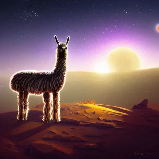 Prompt: llama with dreadlocks, desert, starfall in the night sky on background, hyperrealistic illustration by greg rutkowski