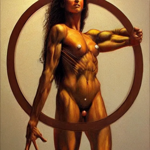 Image similar to artstation a woman posing as Vitruvian Man, by Boris Vallejo, very detailed, , portrait, backlit