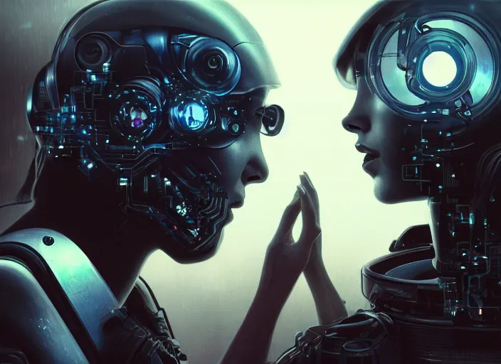 Image similar to ultra realistic medium shot of a couple of cyborgs kissing, lovers, cyberpunk, sci - fi, kodak, faces, colour led, soft light, volumetric lighting, fog, rays, night, station, intricate detailed, digital painting, concept art, smooth, sharp focus, illustration, art by artgerm and greg rutkowski and alphonse mucha