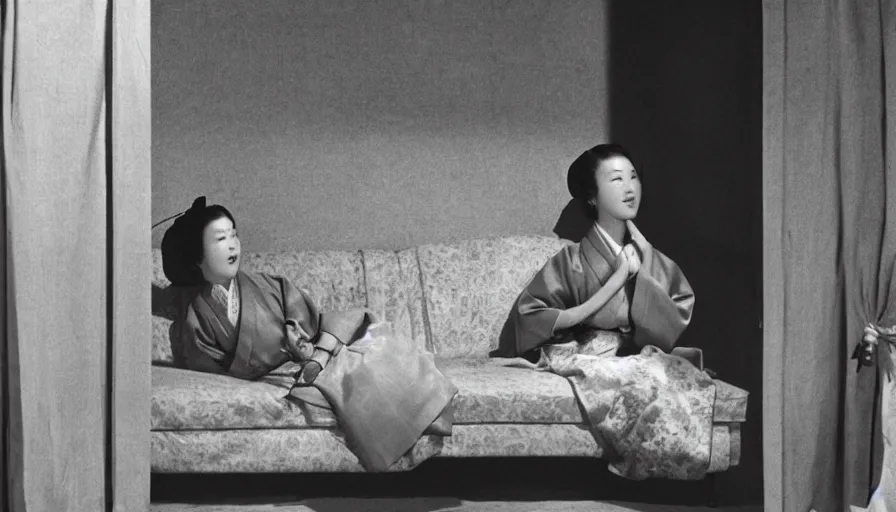 Image similar to a filmstill of a woman in a hanbok sitting on a couch, traditional korean interior, kaiju starfish shadow behind a screen door, 1950s Korean film noir