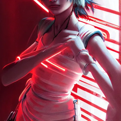 Image similar to rey ayanami, red and white neon, concept art, intricate details, highly professionally detailed, cgsociety, highly detailed -