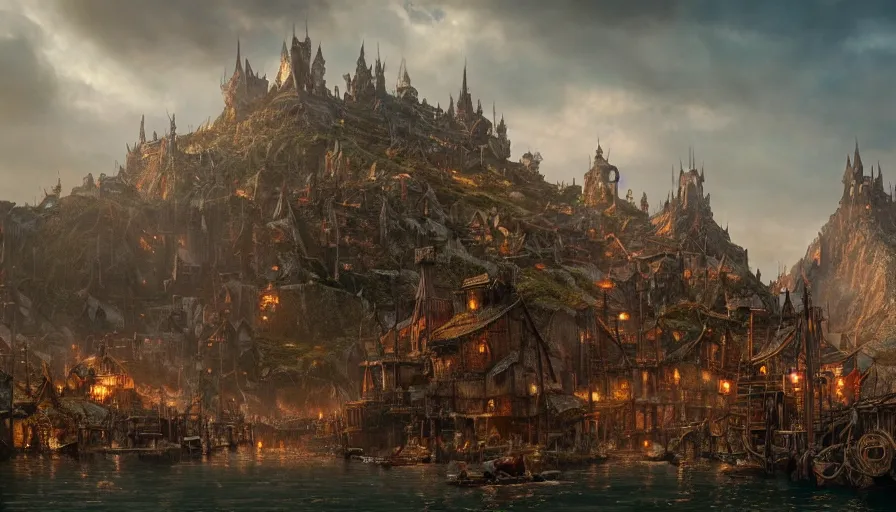 Image similar to a beautiful photo realistic still image of laketown from the movie the hobbit, warm colors, very high details by greg rutkowski, trending on artstation, masterpiece,