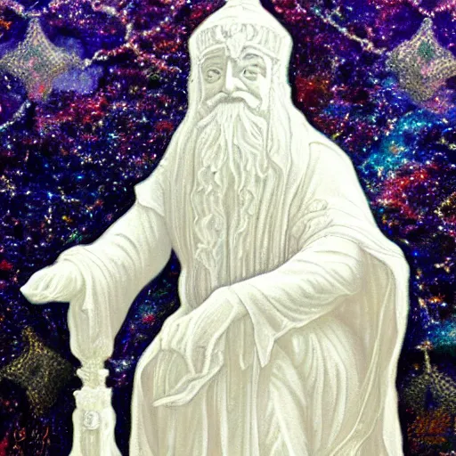 Image similar to white crystal statue carving of a supreme court judge, religious imagery, islamic pattern art, fractals, galaxy, impressionism painting, john blanche, muted colors, tarot card