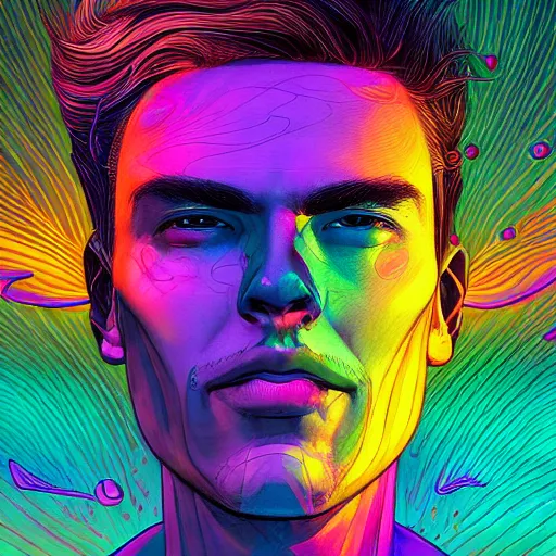 Image similar to the head of a beautiful handsome rainbow man, an ultrafine detailed illustration by james jean, final fantasy, intricate linework, bright colors, behance contest winner, vanitas, angular, altermodern, unreal engine 5 highly rendered, global illumination, radiant light, detailed and intricate environment