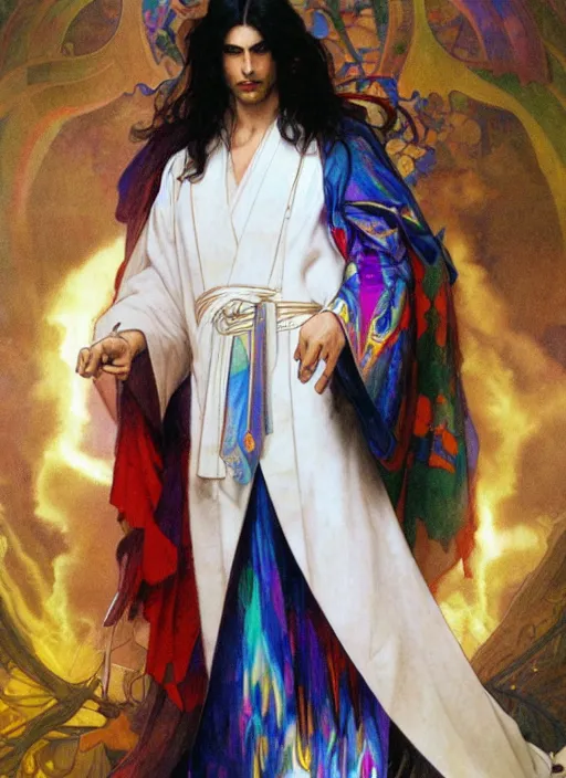 Image similar to a tall, muscular man with dark hair and pale skin. he is wearing a white royal robe. i'm the background, rainbow colors swirl around him. chromatic light. portrait painting by artgerm and greg rutkowski and alphonse mucha.