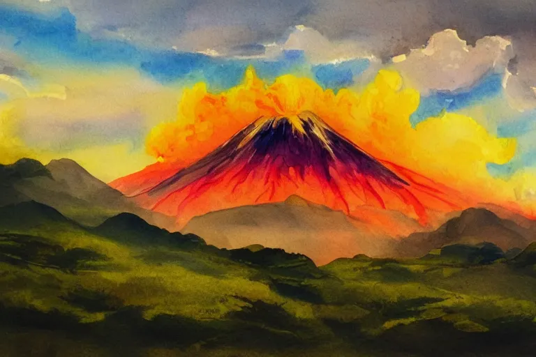 Prompt: peaceful sunny landscape with burning volcano in center and heavy thunderstorm above it, aquarelle painting, trending on artstation, 4 k