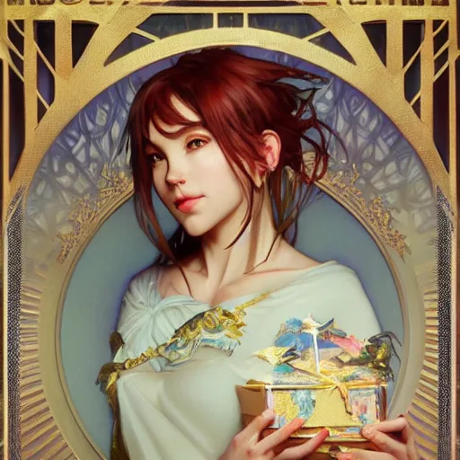 Image similar to a fortune teller holding a wrapped birthday gift with a confused look on their face, art by artgerm and greg rutkowski and alphonse mucha, concept art, octane render, unreal engine 5, highly detailed, high quality, 8 k, soft lighting, realistic face, path traced