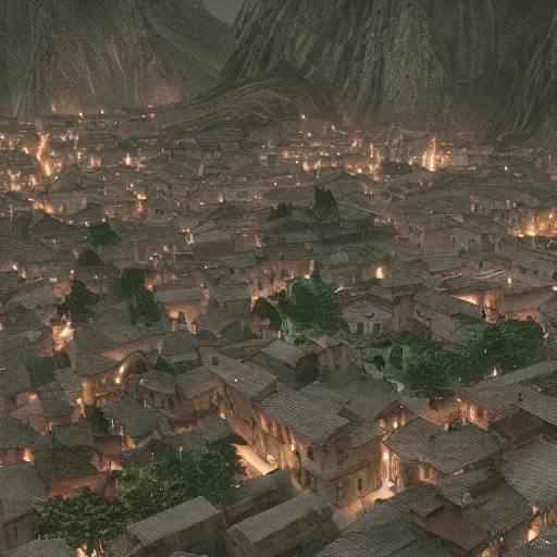 Prompt: the center of a poor medieval town under heavy rain at late dawn, in a valley, surrounded by mountains, highly detailed, octane, ultra detailed cinematic, 8 k, widescreen, 1 6 : 9, hd