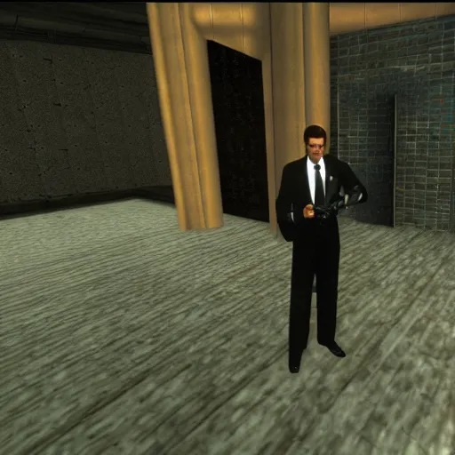 Prompt: goldeneye 0 0 7 n 6 4 all bonds mode 4 player deathmatch split screen screenshot with sean connery, roger moore, timothy dalton, and pierce brosnan