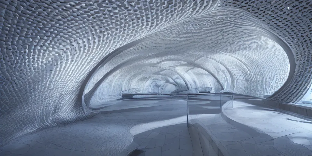 Prompt: extremely detailed stunning beautiful futuristic smooth curvilinear museum interior, translucent gills, hyper real, 8k, 3D cinematic volumetric light, atmospheric light