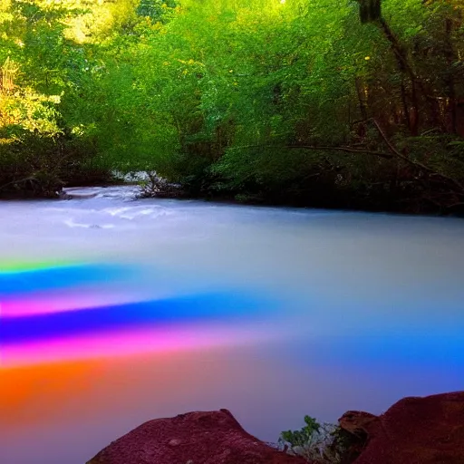 Image similar to rainbow river, rainbow river, rainbow river, volumetric lighting