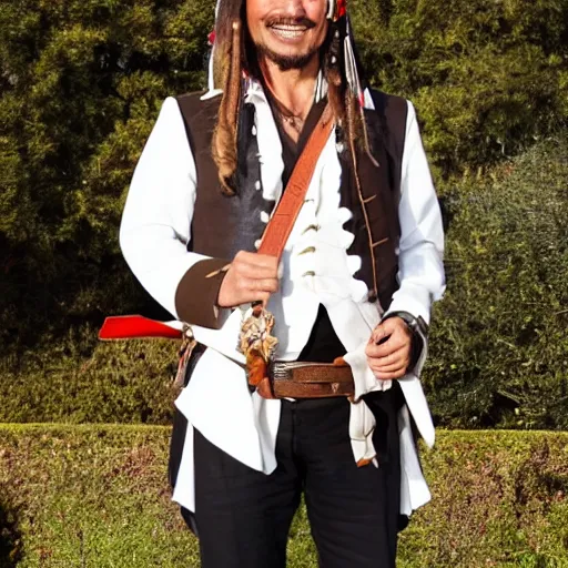 Prompt: photo of emmanuel macron as captain jack sparrow, full body shot, sharp focus, award - winning