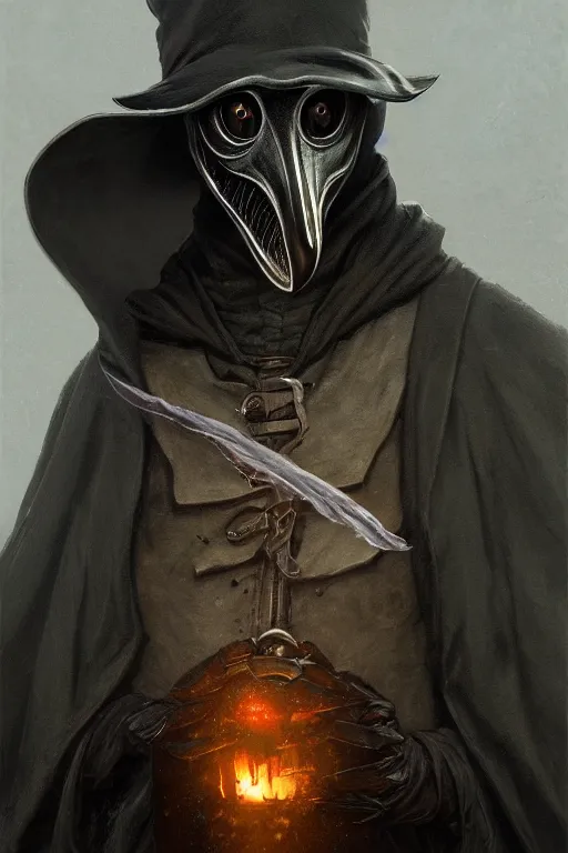 Prompt: A fancy portrait of a plague doctor wearing a beak mask by Greg Rutkowski, Dan Mumford, Christophe Vacher, Sung Choi, Mitchell Mohrhauser, Bloodborne, 8k photorealistic, volumetric lighting, HD, high details, dramatic, dark atmosphere, trending on artstation