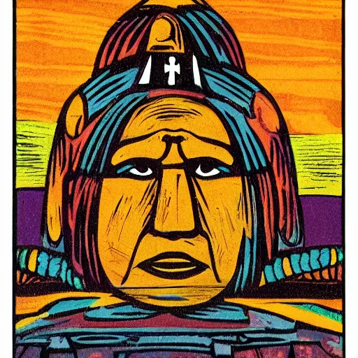 Prompt: colorfull woodcut, statue, character, by hopi indians