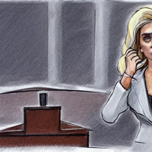 Image similar to courtroom sketch of lady gaga in the witness stand pointing at the hamburgler