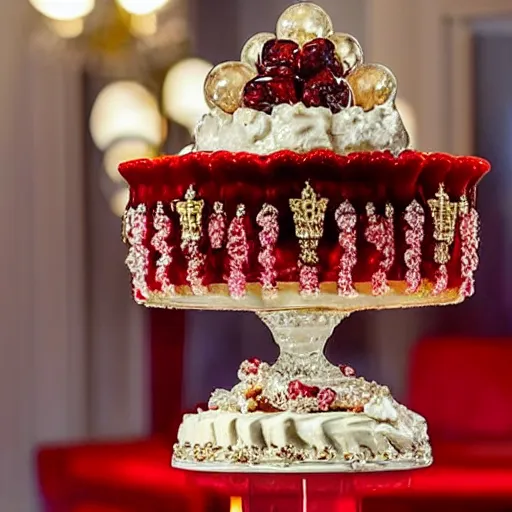 Image similar to an ice cream sundae made out of rubies and diamonds and chocolate, elegant and ornate,