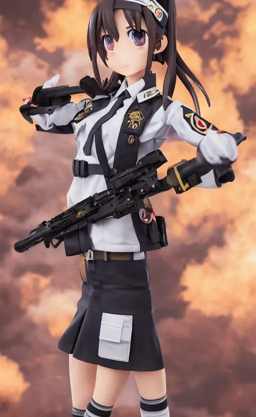 Image similar to toy photo, school uniform, portrait of the action figure of a girl, anime character anatomy, girls frontline style, collection product, dirt and smoke background, flight squadron insignia, realistic military gear, 70mm lens, round elements, photo taken by professional photographer, trending on instagram, symbology, 4k resolution, low saturation, empty hands, realistic military carrier